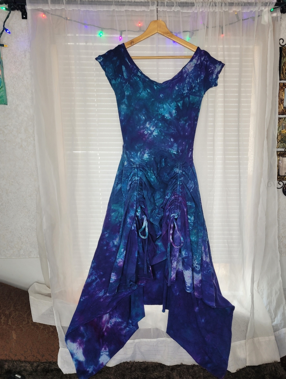 Fairy Fae Flowy Dress S/M Purple Blue Ice Dyed Cinch Front Unique Whimsigoth